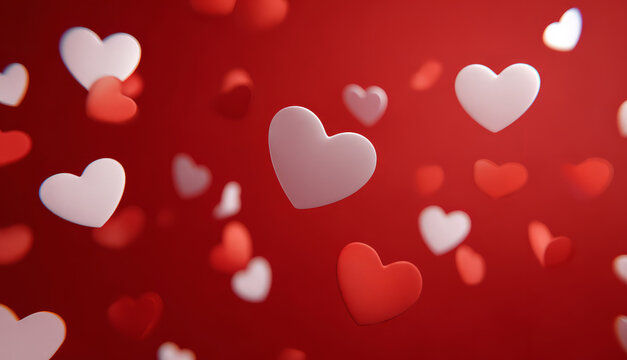 Falling red and white hearts on a vibrant red background.