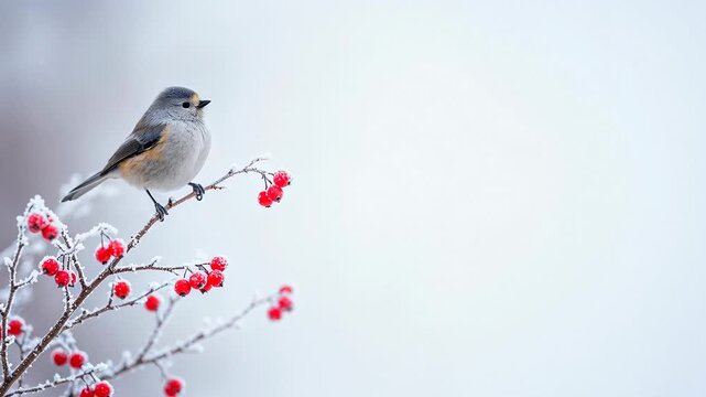 A small grey and brown bird perches delicately on a snow-dusted branch adorned with vibrant red berries, set against a softly blurred white winter background.