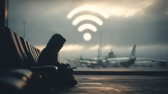 Hacker in hoodie using laptop at airport near airplane and wifi symbol.
