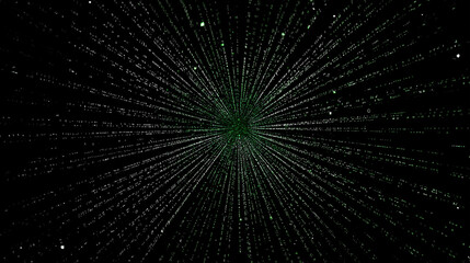 Abstract Green Digital Data Stream Forming a Burst on Black
