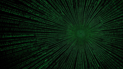 Dynamic green binary code radiating from a central point background