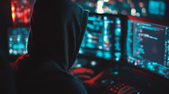 Hacker coding malware on multiple screens in dark room setting