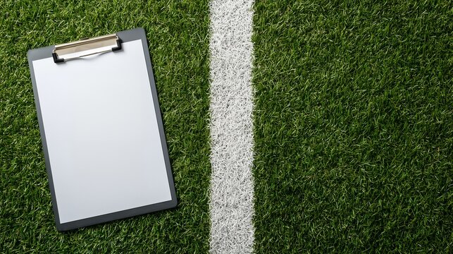 Top view of a clipboard with white paper on green grass field. Concept for strategy, coaching and competition - Powered by Adobe