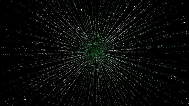 Abstract Green Digital Data Stream Forming a Burst on Black