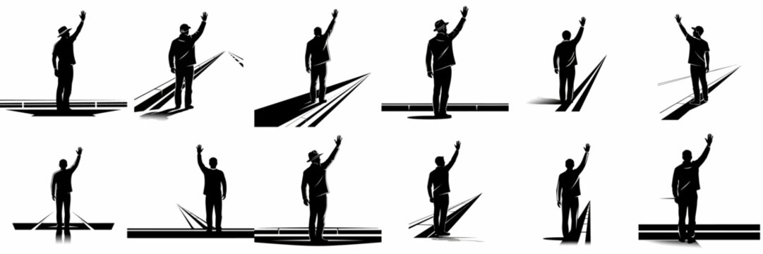 Collection of Twelve Vector Silhouettes of Men Waving with Raised Hands, Standing on Roads or Tracks, Symbolizing Greeting and Farewell.