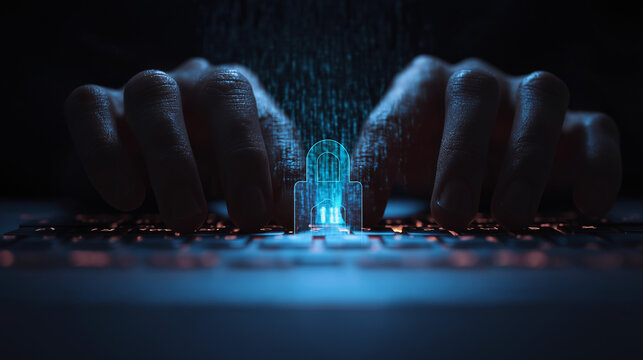 Cybersecurity: Hands typing on glowing keyboard with digital lock overlay.