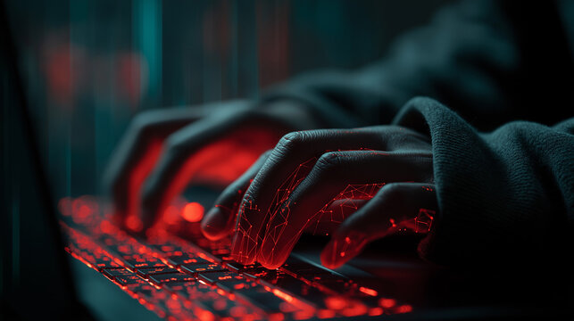 Hacker Typing With Glowing Red Keyboard in Dark Environment