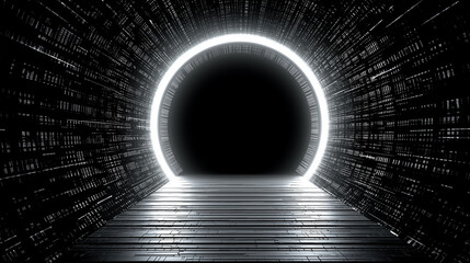 Abstract portal with bright light and geometric pattern background.