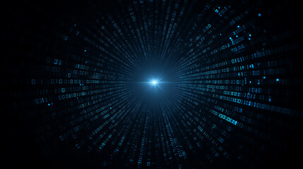Futuristic Binary Code Tunnel with Glowing Light, Data Stream Concept