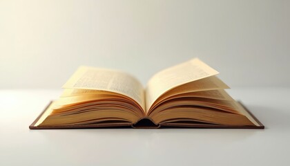 Naklejka premium Open book shows literature. Old book with yellow pages conveys wisdom, learning. Antique book lying on white background presents education, knowledge concept. Represents story with text. Classic