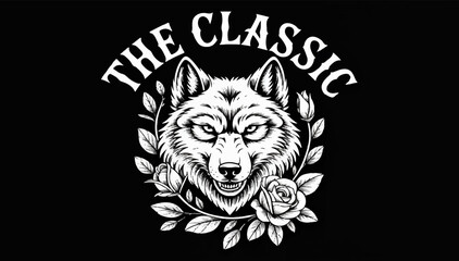 A black and white tattoo-style illustration depicting a wolf's head surrounded by flowers and the inscription The classic. Vector graphics. EPS_04.