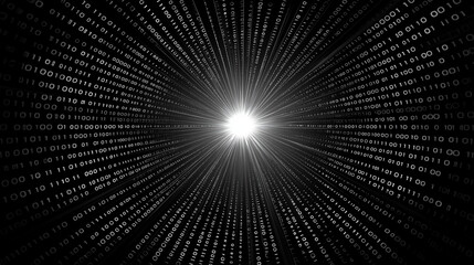 Binary code stream emanating from a central bright light source