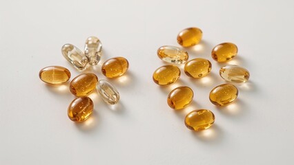 Group of amber and clear gel capsules on a white surface. Dietary supplements or vitamins, supplement pills, medication, health, and nutrition concept.