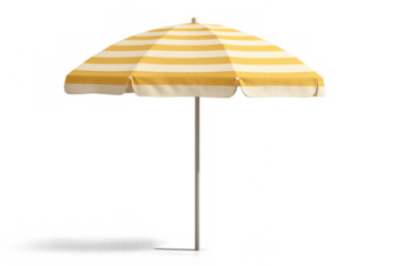 Yellow and white striped beach umbrella providing sun protection for summer vacation and relaxation, transparent background