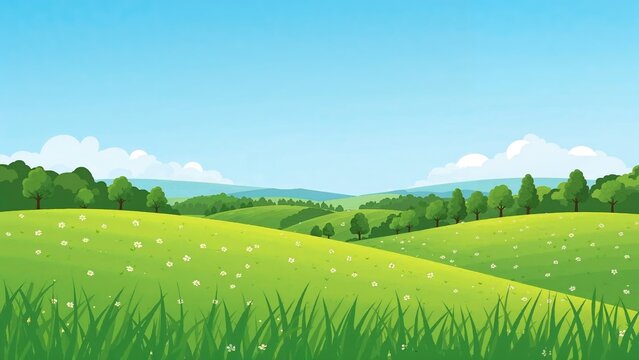 A peaceful landscape with rolling green hills, trees, and a bright blue sky with white clouds.
