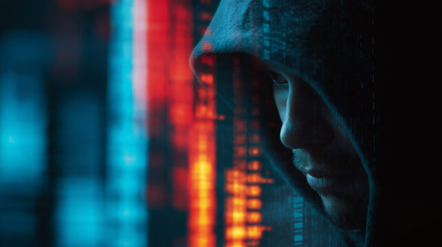 Mysterious hooded figure immersed in the digital glow of a computer screen.