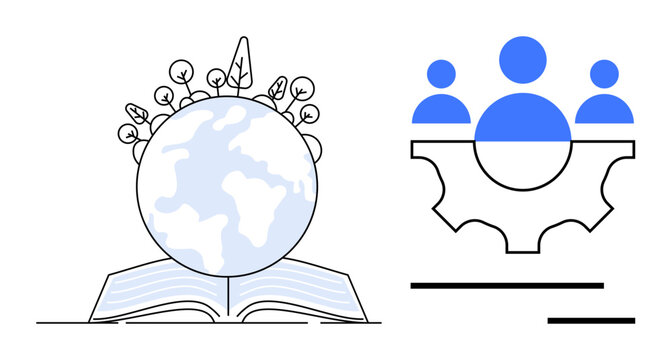Open book with an earth globe sprouting foliage alongside a gear-shaped structure with people icons. Ideal for education, sustainability, teamwork, knowledge sharing, collaboration, innovation