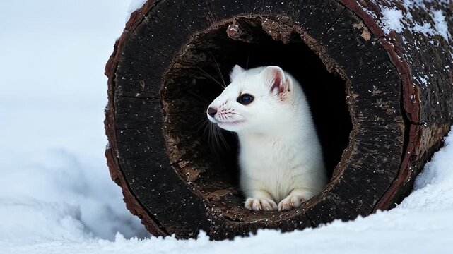 A small white ermine with dark eyes and a pink nose peeks curiously from a dark hollow log, partially covered in fresh snow on a bright winter day.