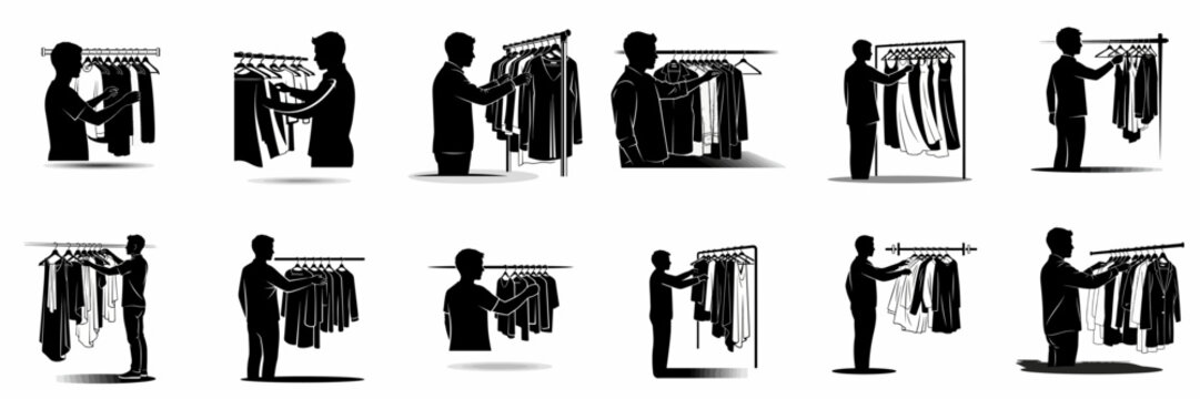 Collection of male silhouettes browsing clothing racks, vector icons representing shopping and retail activities.