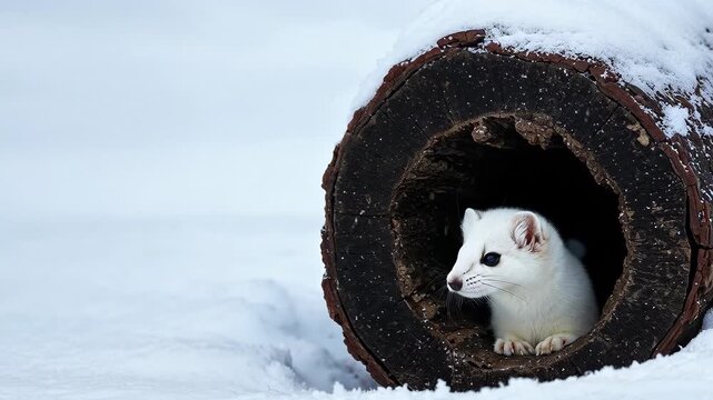 A cute white ermine with expressive dark eyes emerges from a hollow log, its pristine fur blending with the expansive snow-covered winter environment.