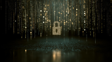 Digital Security: Binary Code Forming Padlock with Data Stream Backdrop
