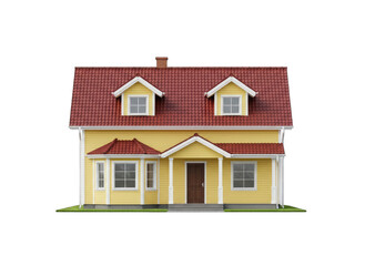 A charming yellow house with a red shingled roof and dormer windows sits on a green grassy lawn under a clear sky with a transparent background ideal for architectural visualization