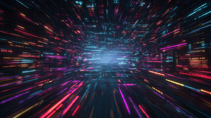 Abstract neon light tunnel with futuristic design elements.