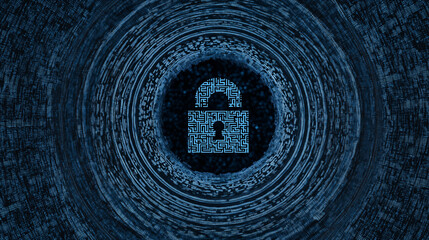 Security lock formed as a maze on abstract blue tunnel background.