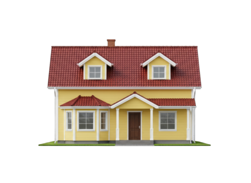 A charming yellow house with a red shingled roof and dormer windows sits on a green grassy lawn under a clear sky with a transparent background ideal for architectural visualization