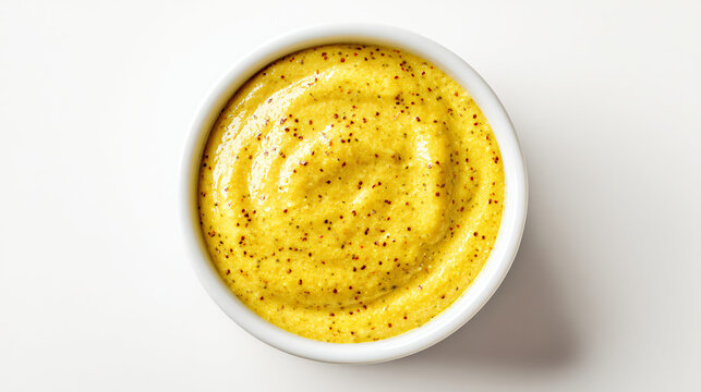 Top view of whole grain mustard in a small white bowl isolated on white background