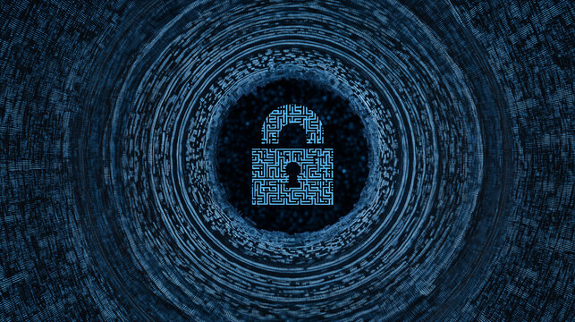Security lock formed as a maze on abstract blue tunnel background.