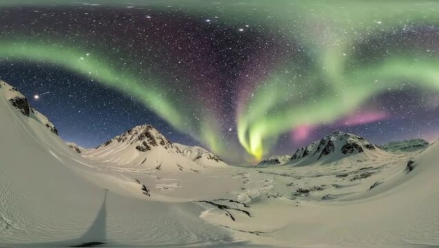 Aurora Borealis over Snow-Capped Mountains: A Majestic 360-Degree Panoramic Winter Landscape with Vibrant Green and Purple Northern Lights