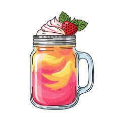 Smoothie in mason jar with whipped cream and strawberry on top - Concept of Dry January challenge  
