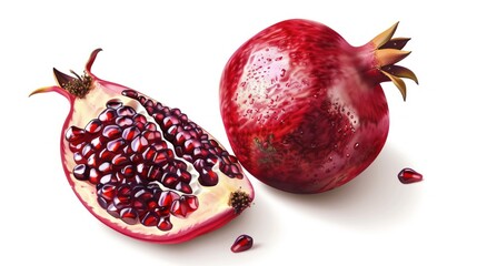 Whole and Halved Pomegranate Fruit on White Background Fresh Juicy Natural Red