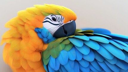 A close-up shot of a vibrant macaw parrot with blue, yellow, and green feathers, resting against a neutral background.