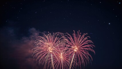 Fototapeta premium Colorful fireworks exploding against a starry night sky.