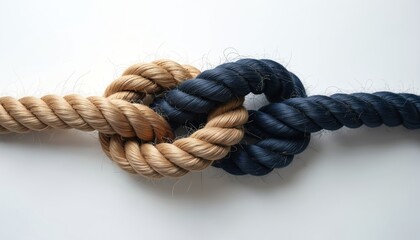 Two ropes of different colors are connected by knot. Blue and beige rope. Knot close up on white backdrop. This image symbolizes unity partnership solution cooperation connection.
