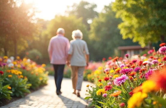 Elderly couple walks hand in hand through vibrant garden blooming with colorful flowers. Warm sunlight filters through trees creating peaceful, serene atmosphere. Stroll along paved path surrounded - Powered by Adobe