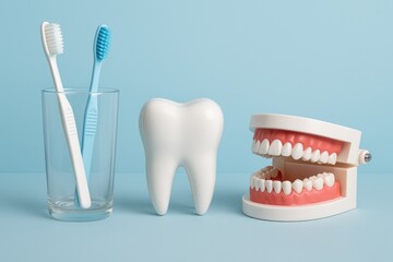 Dental hygiene essentials displayed with a playful tooth model and dental tools on a light blue background
