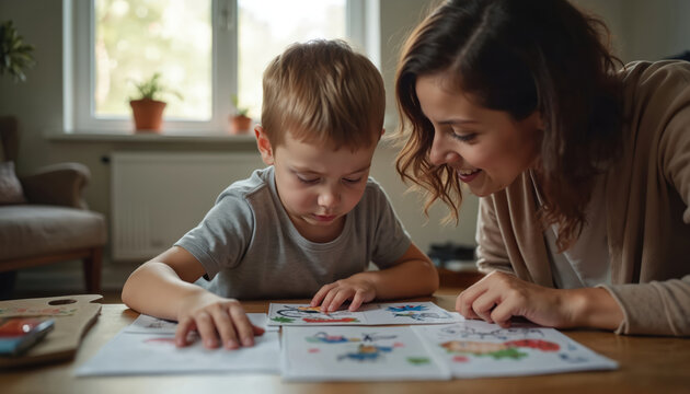 Young boy learning with picture cards. Adult woman sits nearby, smiles warmly. Child focuses intently on educational activity at home. Cozy indoor scene of family bonding and skill development.