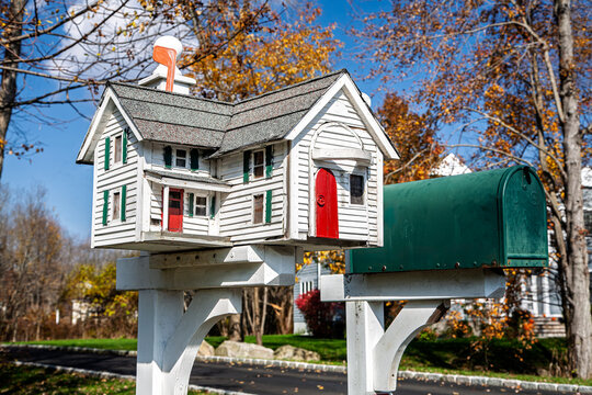 Unique mailbox design in a Connecticut neighborhood during autumn