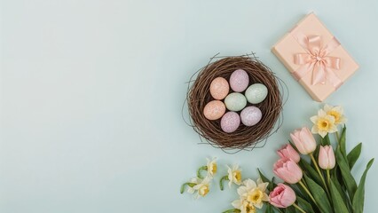 Easter eggs in a nest, with a gift box and flowers on a light background.