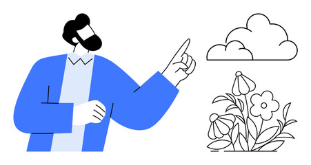 Man in blue jacket pointing towards cloud, surrounded by flowers below. Ideal for nature, environment, learning, growth, creativity, awareness education. Simple flat metaphor