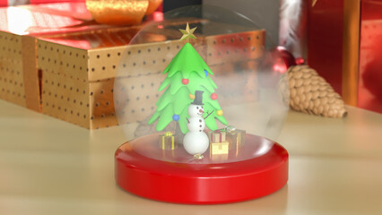 Christmas Snow Globe with Snowman and Tree 3d render