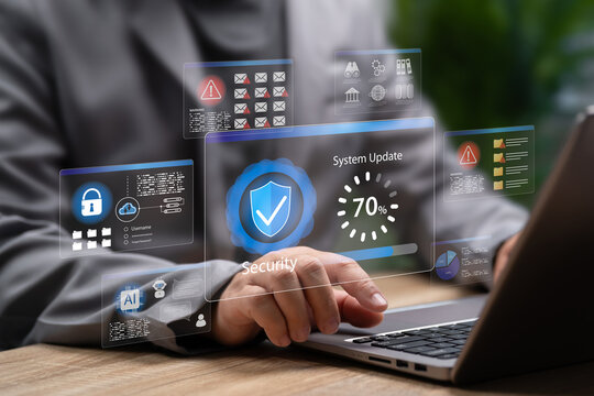 Security Update and AI System Protection Concept Businessman Using Advanced AI Tools to Monitor, Detect, Update Cybersecurity Systems Against Hackers, Scams, Data Theft, Email Attacks, Financial