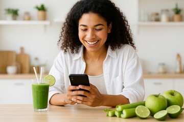Enjoying a refreshing green smoothie while chatting on the phone in a bright kitchen