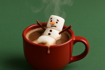 Cozy snowman marshmallow relaxes in warm chocolate drink on a chilly winter day