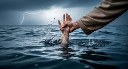 Hand of Jesus Christ saving a drowning man in stormy sea, biblical concept of salvation, faith and hope.