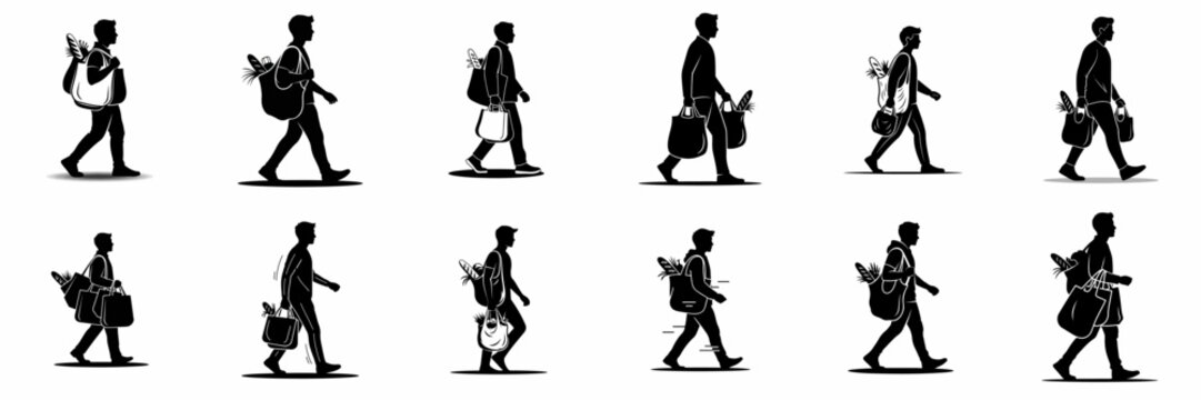 Collection of male silhouettes walking and carrying various full grocery or shopping bags, emphasizing sustainable shopping habits and consumer activity.