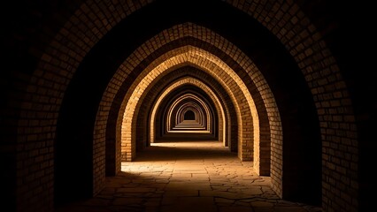 Fototapeta premium Long brick arched corridor receding into darkness with dramatic light at the end